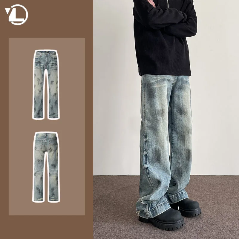 

American Jeans Men High Street Tie Dyeing Washed Straight Tube Denim Pants Hip Hop Vintage Trend Cowboy Trousers New Streetwear