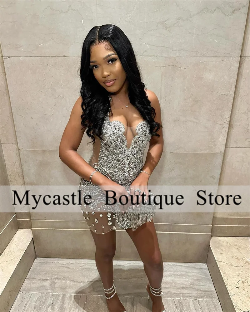 

Silver Crystal Beads Short Prom Dresses 2025 Black Girls Rhinestones Mini Cocktail Dress Birthday Party Dress Customized