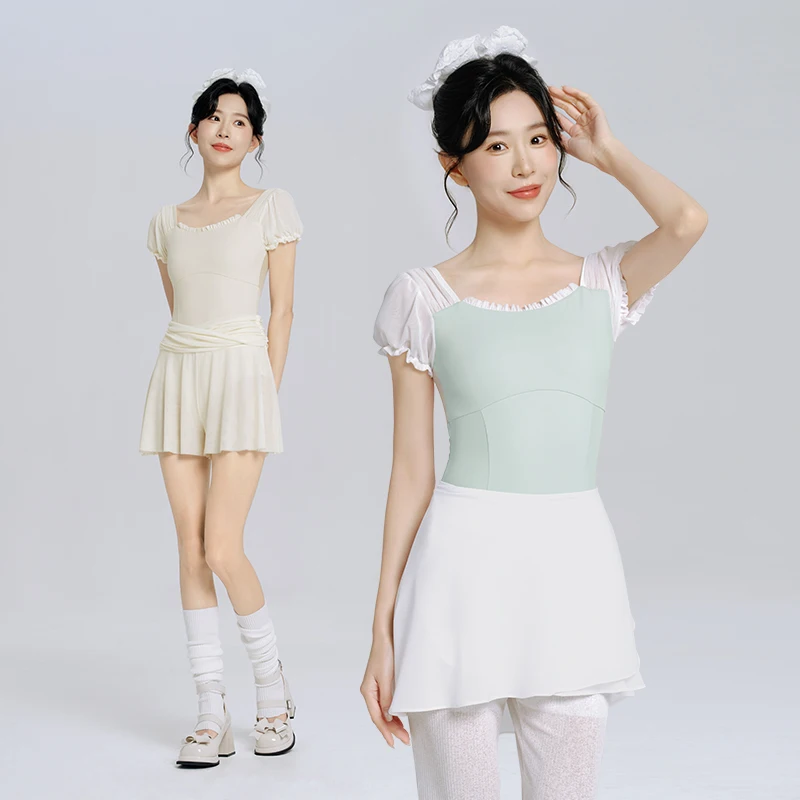 Ivoogle المرأة ساحة طوق نفخة الأكمام رداء رقص الباليه الكبار شبكة الربط الجمباز ارتداءها Dancewear