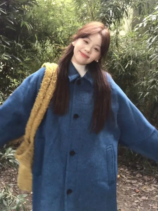 

Sli Blue Woolen Coat Korean Version Slim Fit Long Sve Button ket Detail Faionable Aosphere Winter Outerwear