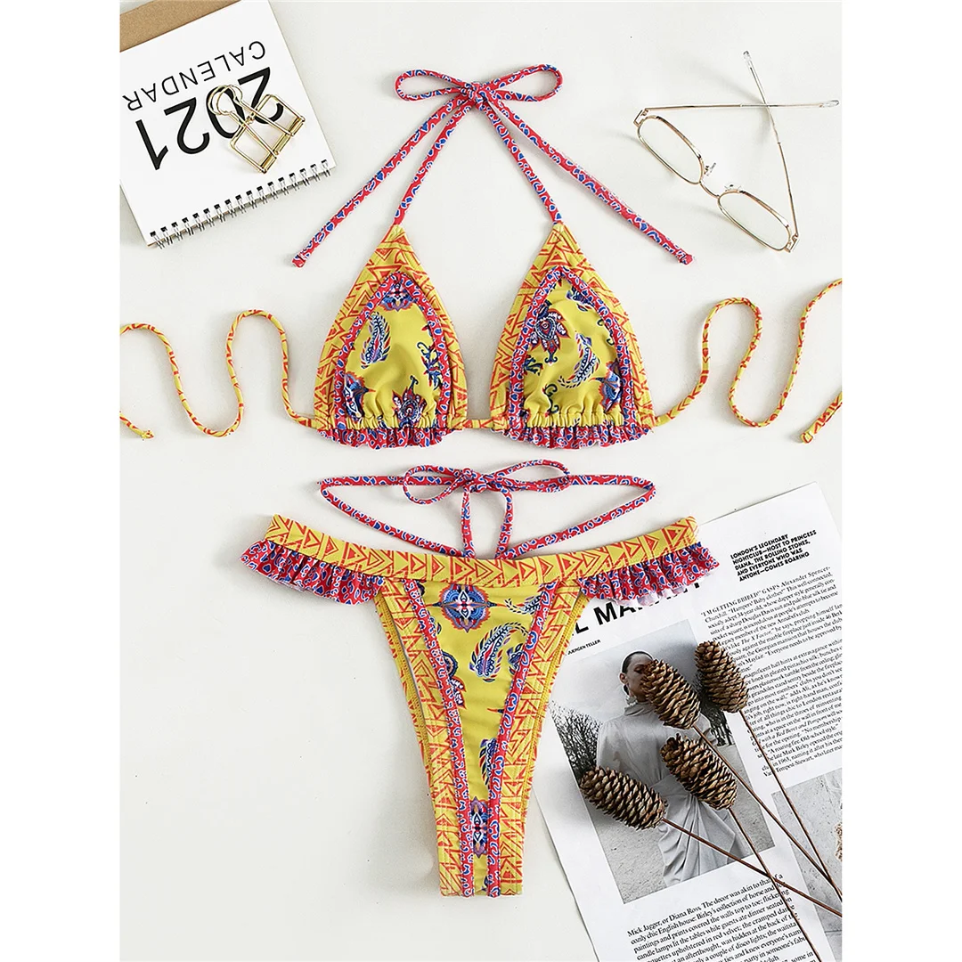 5 Farben, sexy, bedruckter Bikini mit Rüschen, Damen-Badebekleidung, zweiteiliger Bikini, Badeanzug, Badebekleidung, Modell V4651. – Detail 13