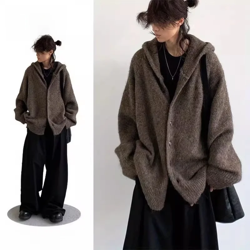 

Ретро-кардиган унисекс с капюшоном, вязаный, свободный, в стиле бохо, для мужчин и женщин, студентов, осенний сезон, модный