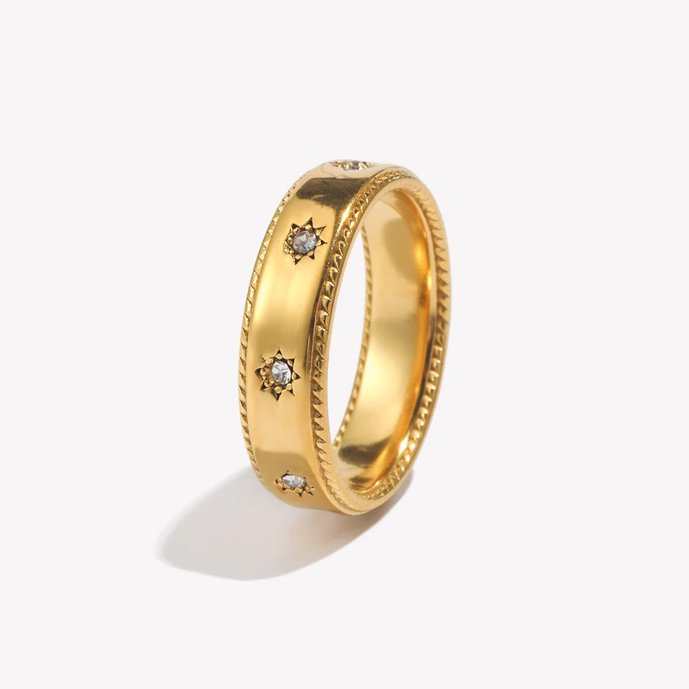 E.B.belle Stainless Steel Jewelry For Women 18K Gold Plated Waterproof Clear Crystal Zircon Setted Star Gold Rings For Women