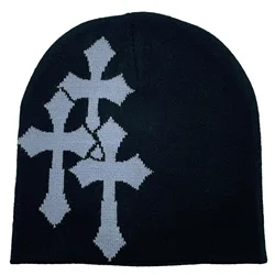 Czapka z motywem krzyża modna czapka z dzianiny gotycka trójkrzyżowa czapka typu Beanie na zewnątrz sportowa czapka zimowa ciepła czapka