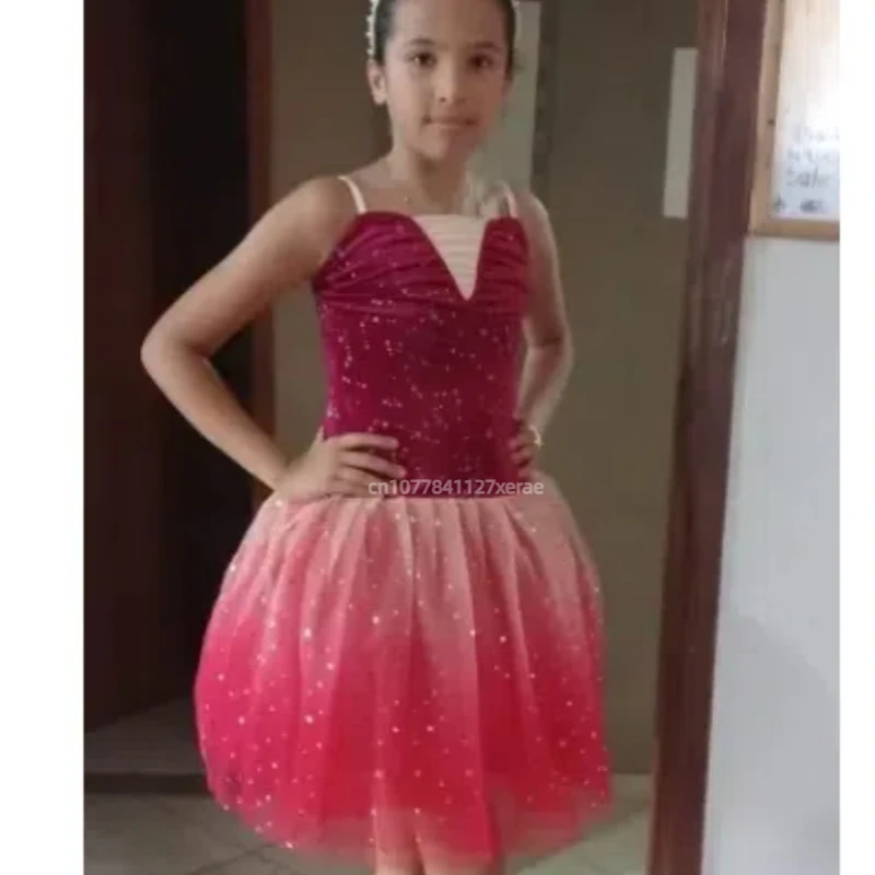 子供用プロバレエドレスパフォーマンス衣装、学生モダンダンスロングスタイルふわふわガーゼドレスパフォーマンス衣装