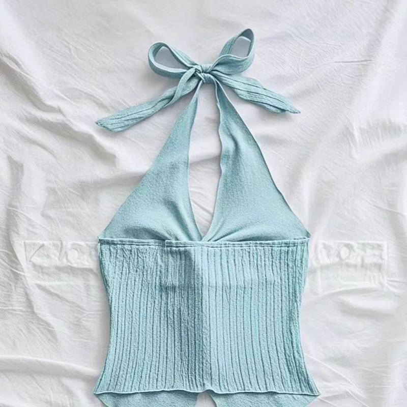 Yellow V-neck Halter Neck Top for Women Summer Y2K Clothes Sexy Sleeveless Backless Crop Top Streetwear image 6