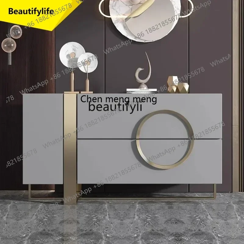 

E153 Solid Wood Modern Minimalist Entryway Cabinet Italian Minimalist Sideboard Stainless Steel Light Luxury Shoe Cabinet