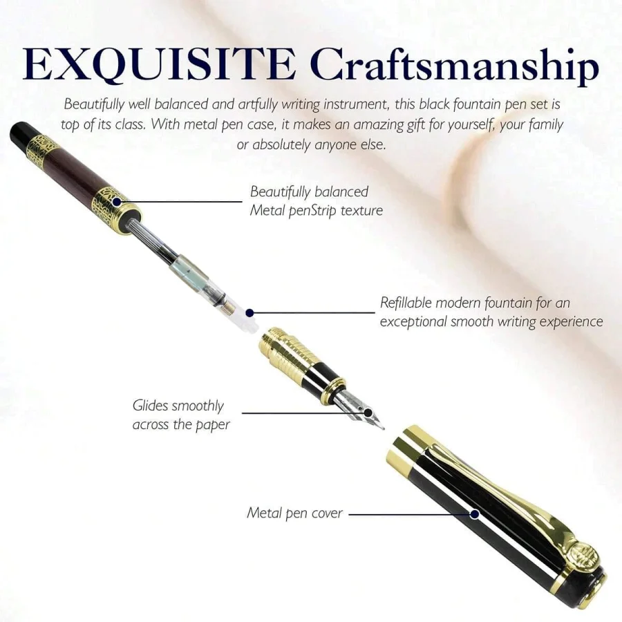 1pc 0.5mm Metal Nib Fountain Pen + 10pcs Black Ink Cartridges. A Retro, High-End Business Fountain Pen, Suitable for Business Wr