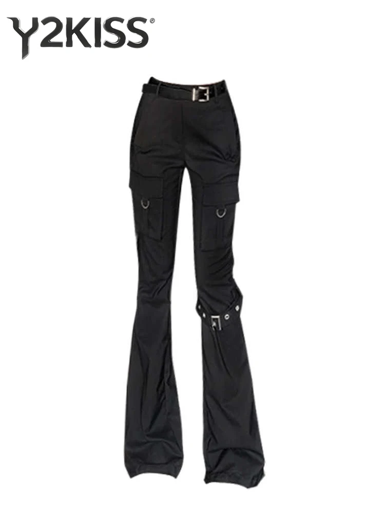 

Женские длинные брюки Harajuku, брюки-клеш-карго, эластичные брюки с высокой талией, гот, темные, академические, High Street Abi Y2k, японский расклешенный низ