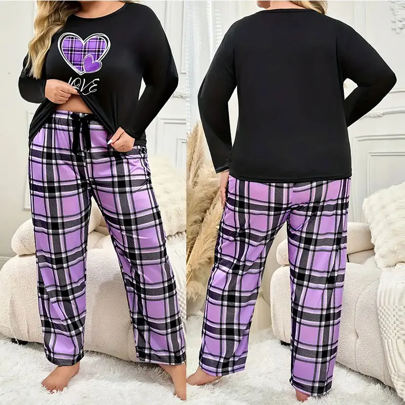 

Plus-size overweight woman long-sleeved loose-fitting pants casual heart-shaped print T-shirt top women's set