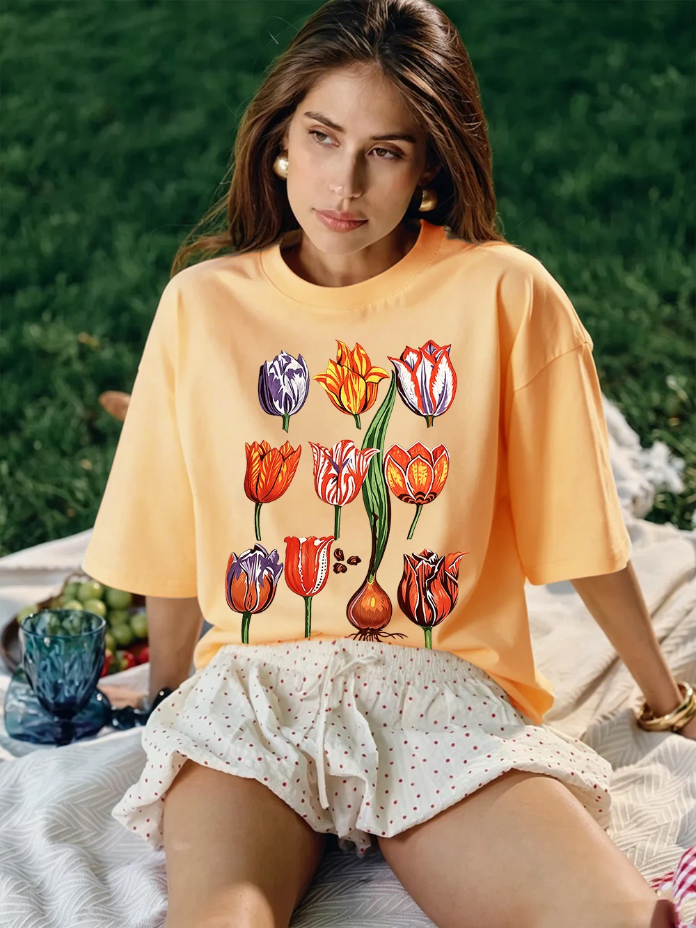 Eternal Augustus Tulip Printed T-Shirts Cotton Womens Summer Oversized Tops Basic Soft Short Sleeve Tees Casual O-Neck Clothes