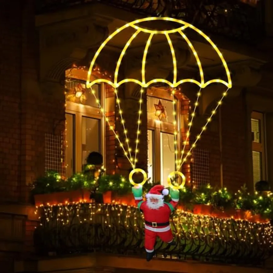 

Christmas Decorations Lights Outdoor, 2.8FT Christmas Parachute Lights with Santa Claus, Waterproof 8 Modes Hanging Warm White