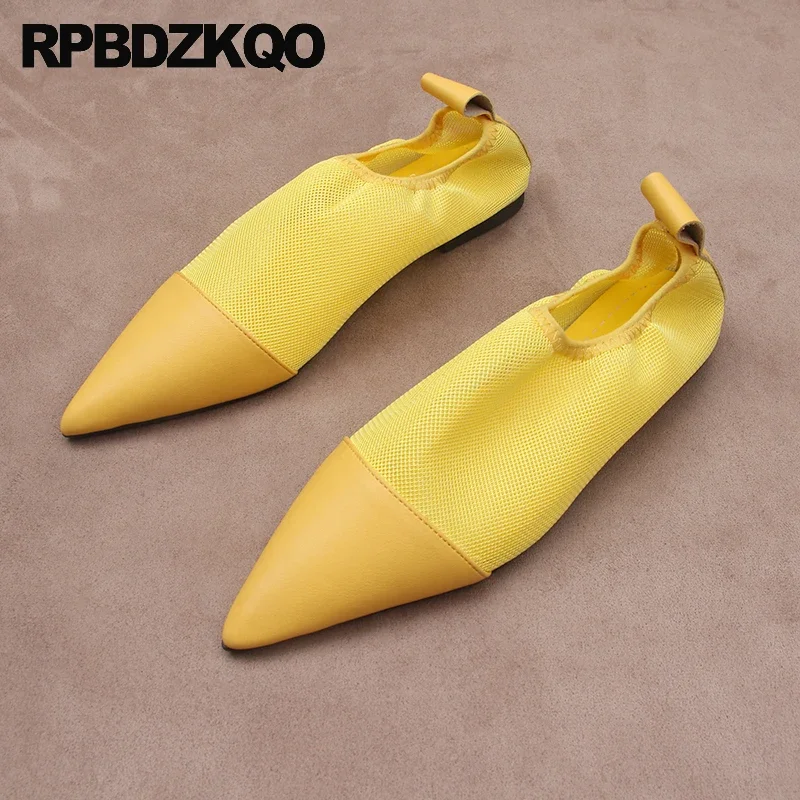 

Women Candy 34 Slip On Patchwork Famous Holiday Pointy Toe Comfy Breathable Cowhide Shoes Flats Spring Elastic Real Leather Mesh