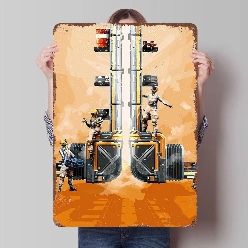 Satisfactory Game Scene With Engineers Metal Poster Customized Wall Art Retro Vintage Tinplate Signs for Home Decor Items House