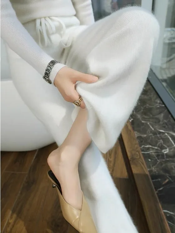 White Thiened 00% Australian Wool Wide Leg Pants Women's Autumn Winter High Waist Casual Knitted Drapey Straight Leg Trousers