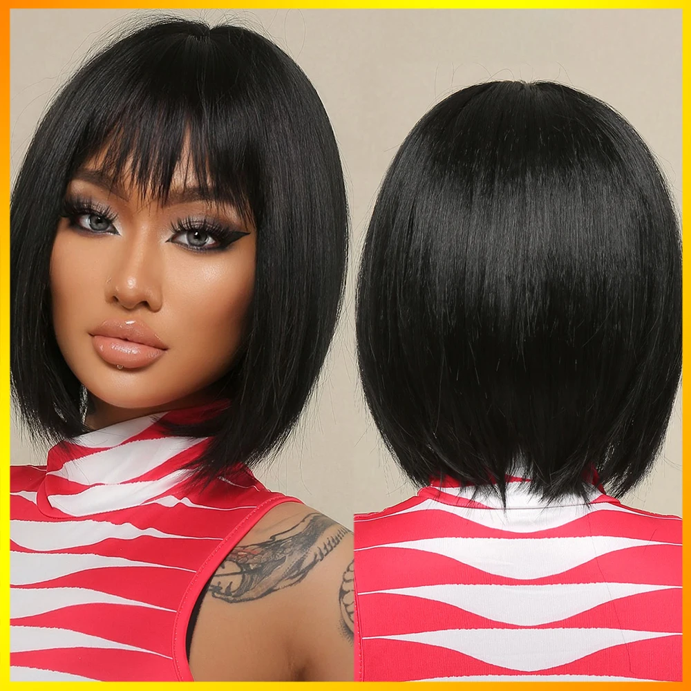 

Short Bob Black Bangs Natural Straight Synthetic Wigs Heat Resistant Fiber Suitable For Daily Cosplay Halloween Party Use