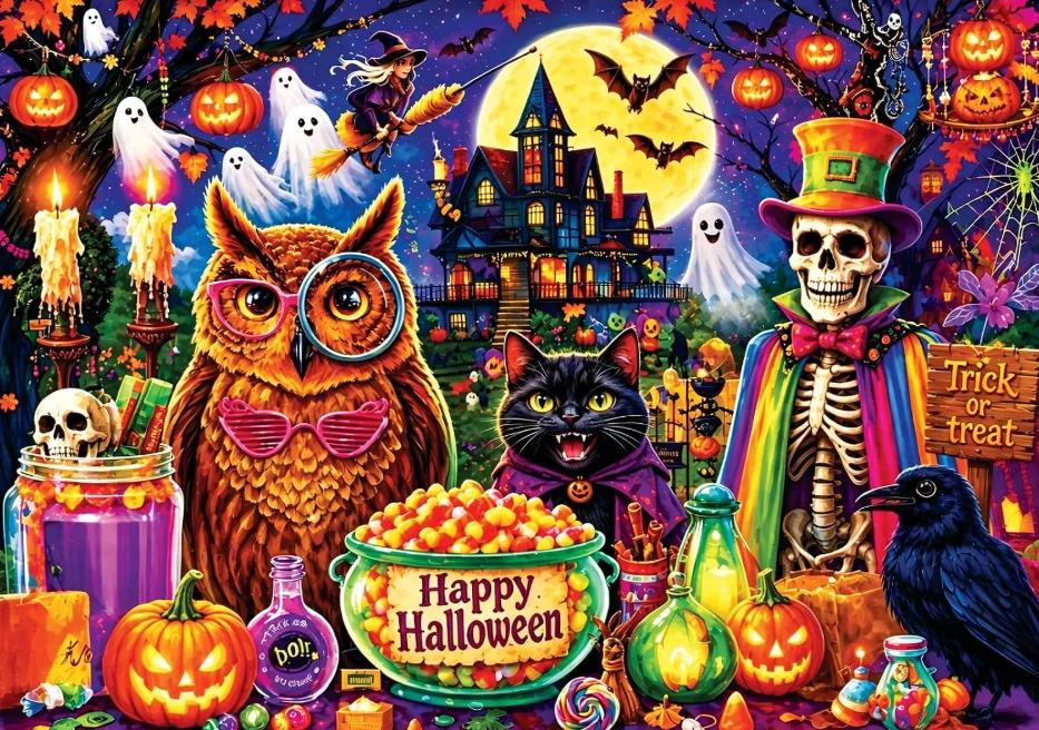Jigsaw Puzzle 500/1000/1200/2000PCS Halloween Owl Black Cat Skeleton Ghost Witch Haunted House Full Moon Pumpkin Candy Scene