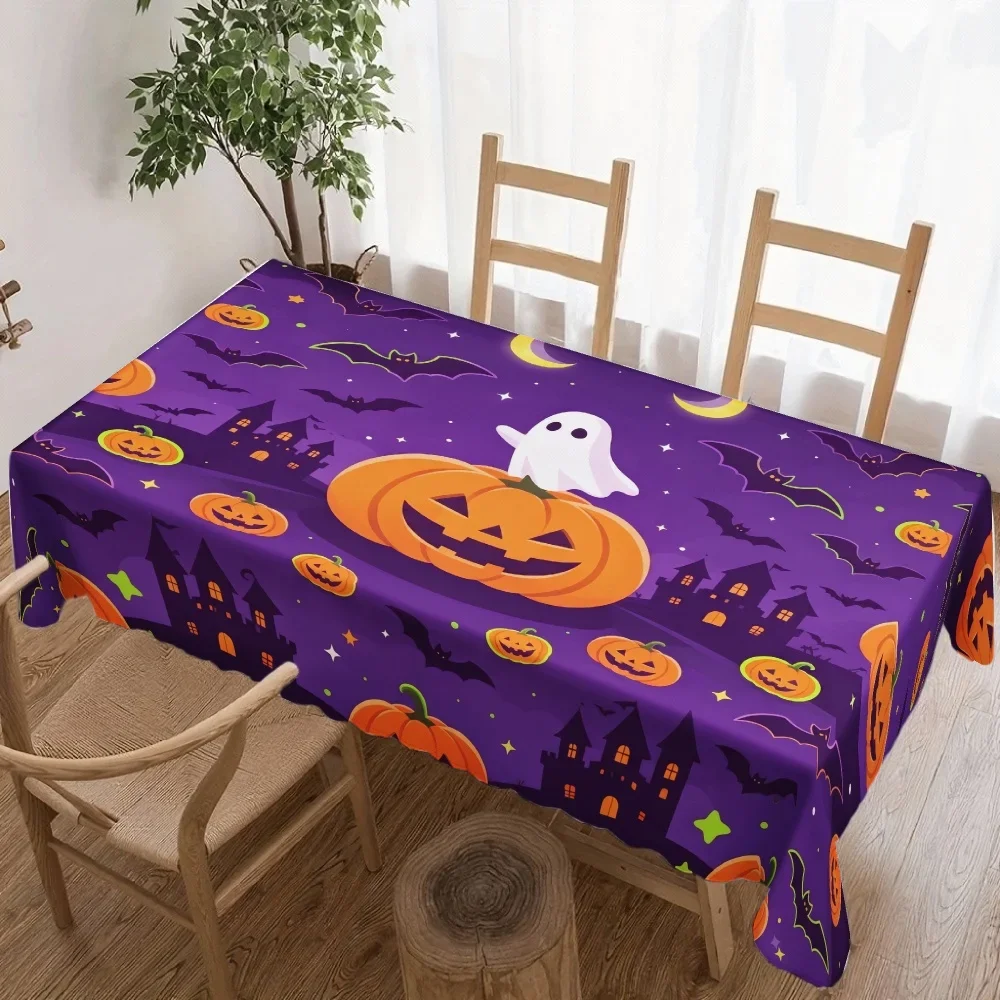 1Pc Halloween Pumpkin Ghost Bat Castle Print Purple Tablecloth Table Cover For Party Home Kitchen Dining Decoration
