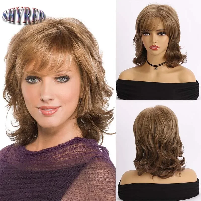 

Synthetic Brown Mixed Light Gold Wig with Bangs Short Pixie Cut Curly Nature Wig for Women Daily Cosplay Party Mommy Wig