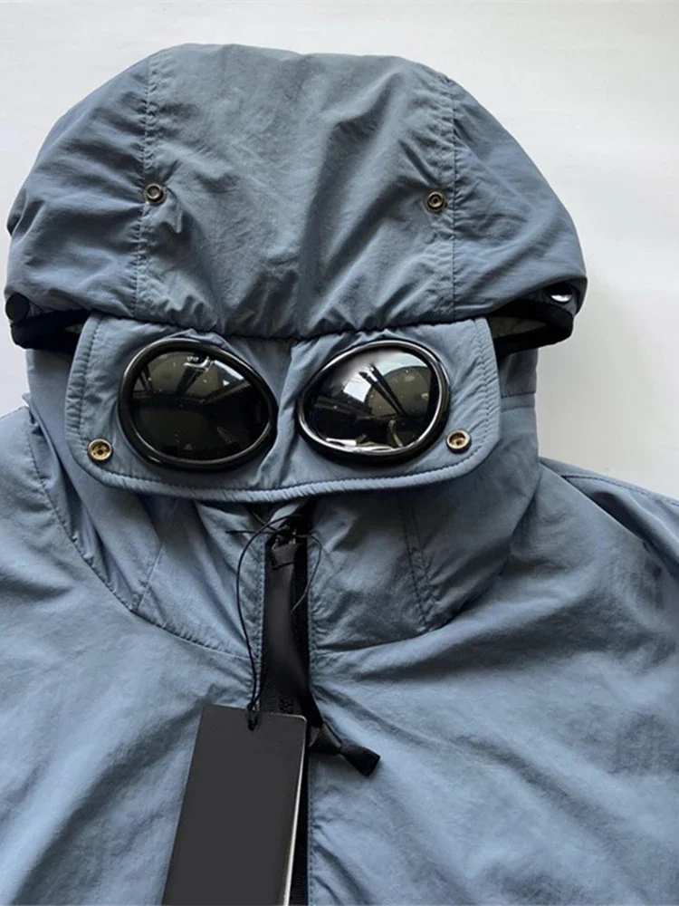 Chaqueta de algodón con capucha y lentes a la moda para hombre, chaquetas acolchadas ligeras con bolsillo a prueba de viento y cremallera sólida, abrigo cálido informal de invierno para hombre