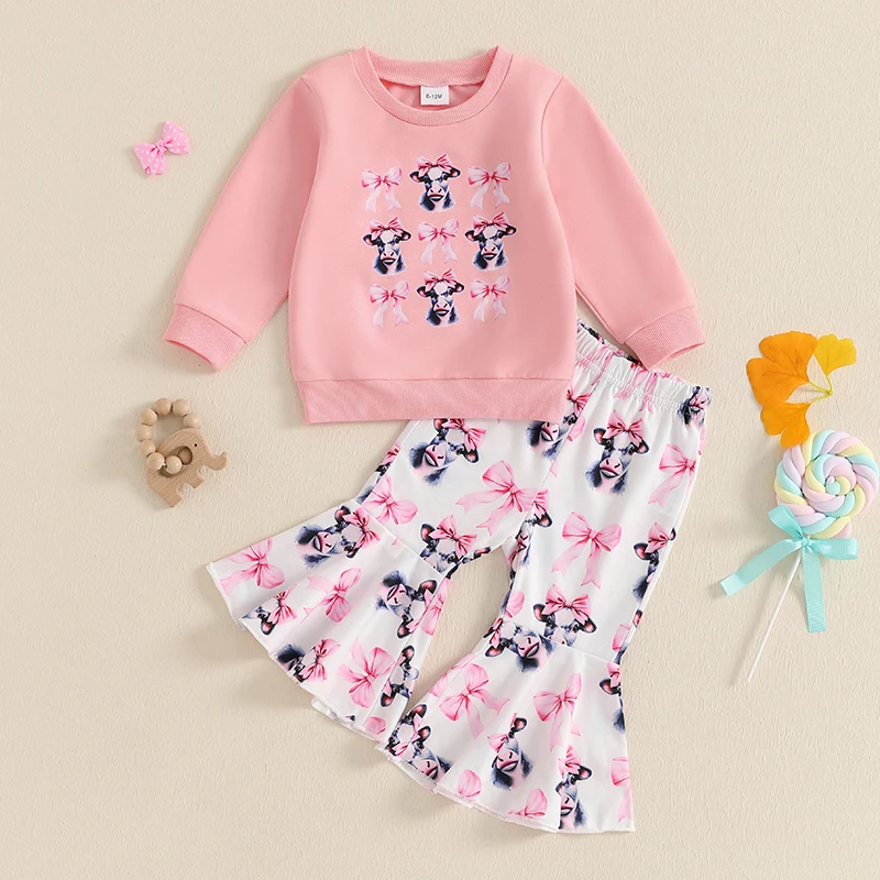 

Adorable Baby Girls Cow Print Hoodie and Elastic Waist Flare Pants Set Long Sleeve Sweatshirt Outfit for Toddlers