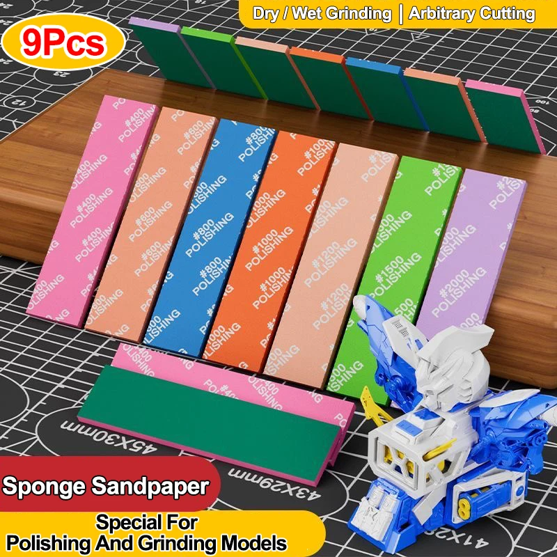 9Pcs Washable Sponge Sandpape,Dry/Wet Dual-Use Polishing Sanding Blocks,For Assembling Model Build Tools Hobby DIY #400 To #2000