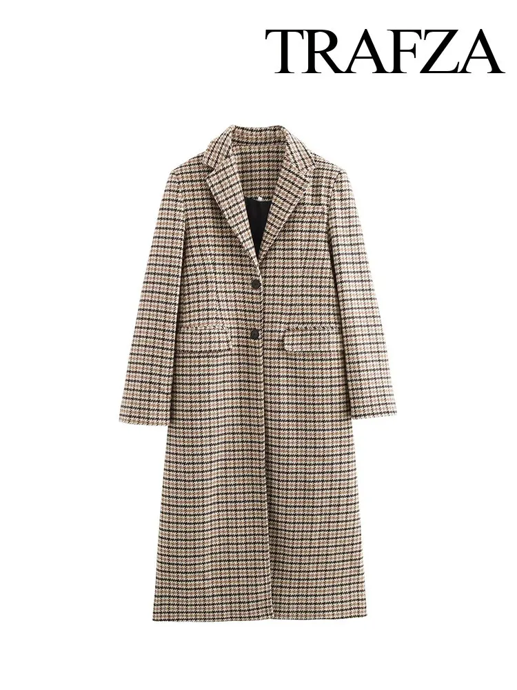 TRAFZA 2024 Women's Winter Fashion Woolen Plaid Coat V-neck Single-breasted Women's Long-sleeved Coat Long Coat Street Wear