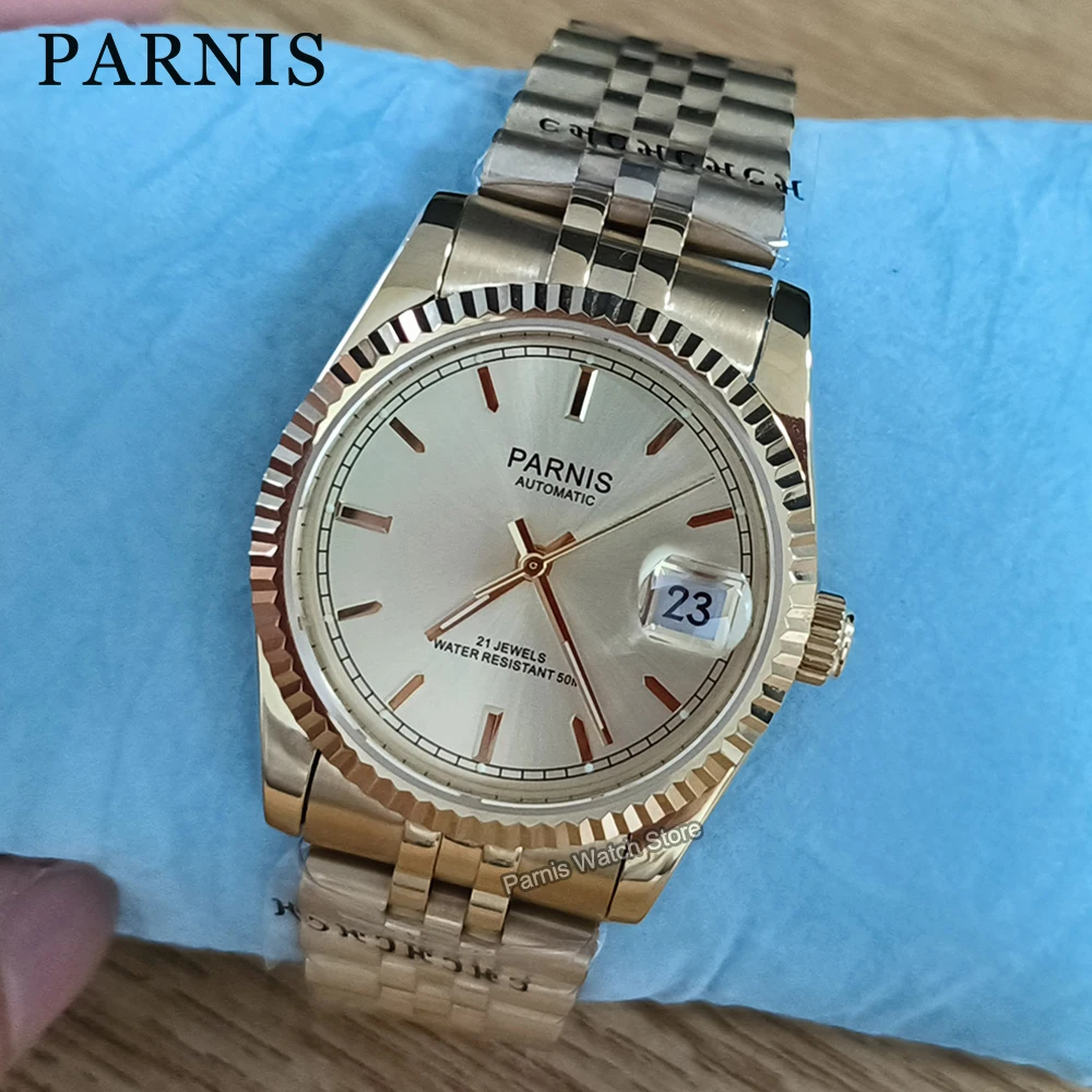 Parnis 36 mm Reloj de hombre de oro completo Movimiento automático Hombres Pulsera de acero inoxidable Relojes mecánicos