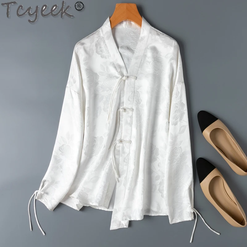 

Tcyeek 100% Real Mulberry Silk Shirt Elegant Women's Shirts 32MM Real Silk Summer Clothes Long Sleeve Womens Tops Chemise Femme