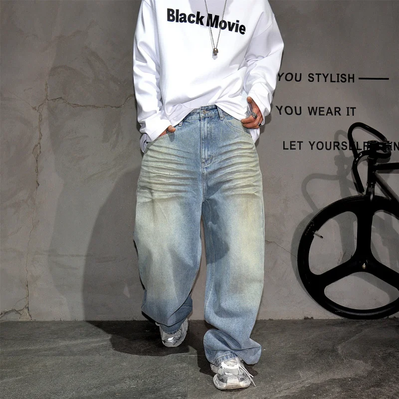 2026 Spring New Men's American Retro Vintage Blue Loose Straight Jeans Casual Wide Leg All-match Denim Pants