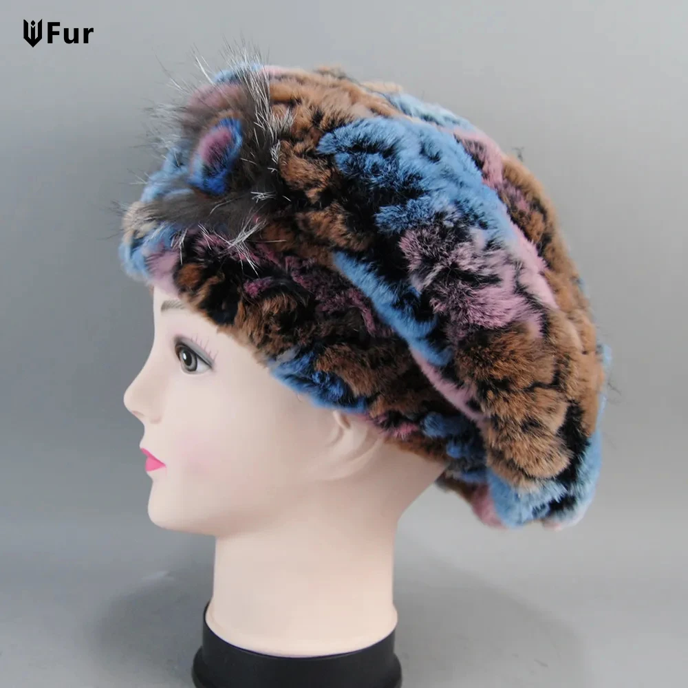 New Winter Women Real Natural Rex Rabbit Fur Beret Hats Warm Rex Rabbit Fur Caps Lady Knitted Elastic Genuine Fur Beanies Cap