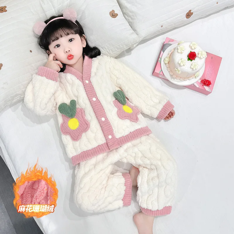 بلايز السراويل الفانيلا منامة الصوف المرجاني المضافة الصوف الدفء الأطفال الخريف الشتاء الكرتون الحلو لطيف المتسكعون مجموعة #4