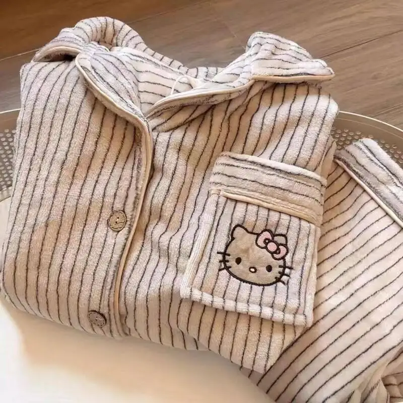 

Kt Flannel Pajamas Women Autumn Winter Cute Striped Cardigan Long Sleeve Pants Warm Cartoon Homewear Set Kawaii Nightwear Set