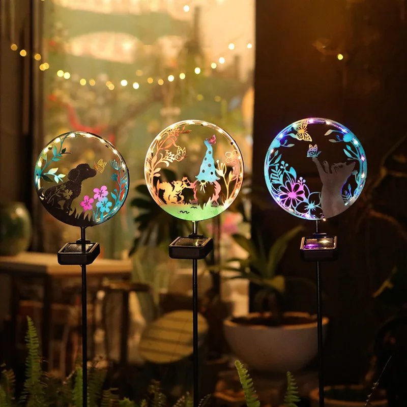 

Solar Round Iron Cat Dog Goblin Yard Led Light Fairy Garden Party Decor For Outdoor Courtyard Stakes Garden Supplies Ornaments