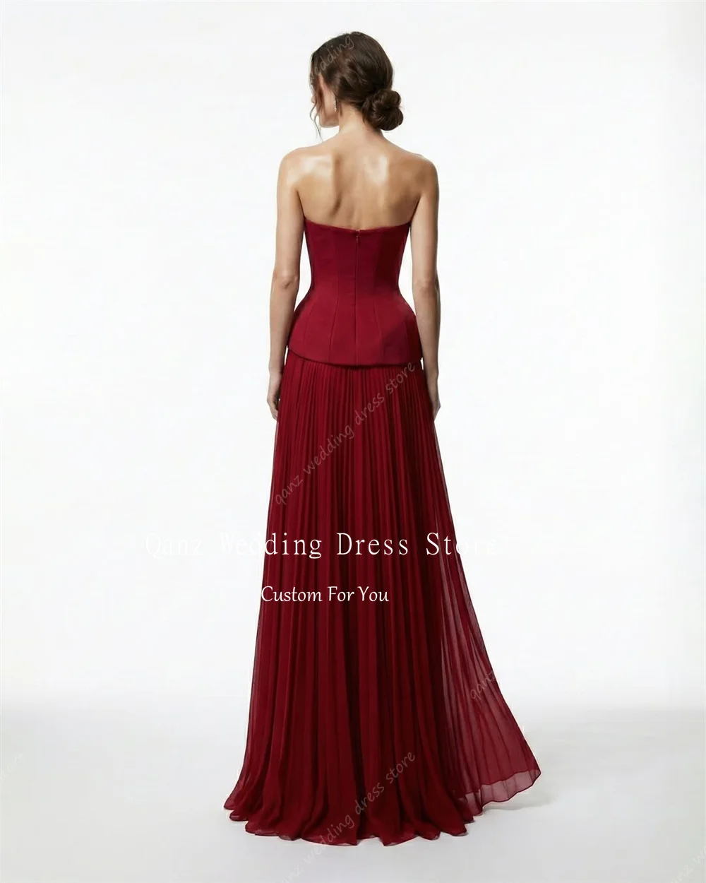 Qanz Dubai Burgundy Prom Dress Sweertheart Long A Line Chiffon Formal Evening Gowns Backless Pleat Robes De Soirée Customized