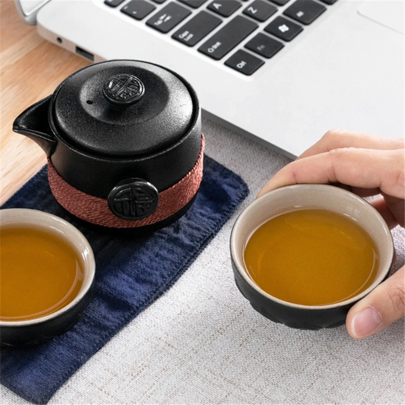 Texture Black Pottery 1 Tea Pot & 2 Cups Chinese Sets Travel Portable Coffee Cups&Pot KungFu Set Container