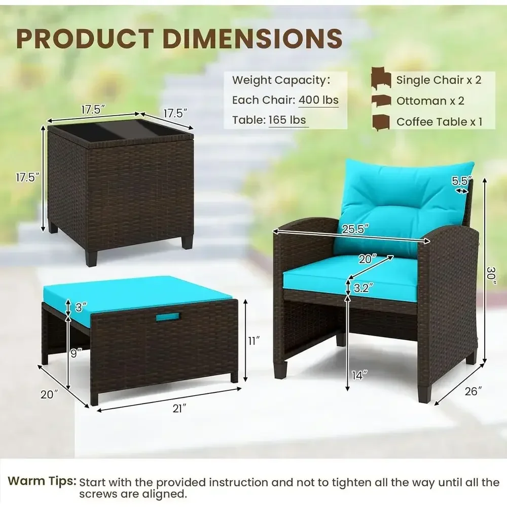 Turquoise 5-Piece Outdoor Patio Furniture Set with Ottoman, Wicker Sectional, Cushions, Glass Coffee Table, Rattan Lounge Chairs