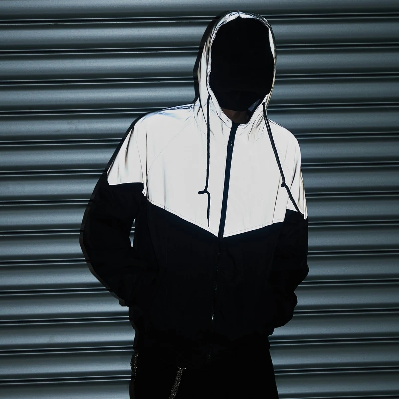 

New Men's Fashionable Hooded Reflective Jacket Oversize Hip-hop Streetwear Autumn Night Running Windproof Warm Coats S-4XL