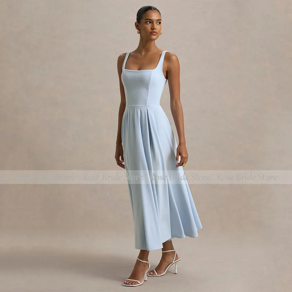カスタマイズ可能なシンプルなパーティードレス、ライトスカイブルーのタンクトップ、Aライン、ティーレングス、女性用タンクスリーブレスミディカクテルドレス