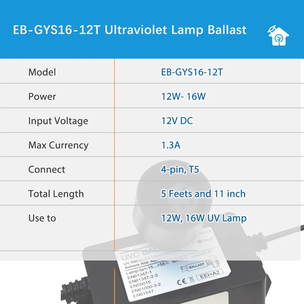 12V UV Filter Adaptor with Flow Switch 12W to 16W EB-GYS16-12T