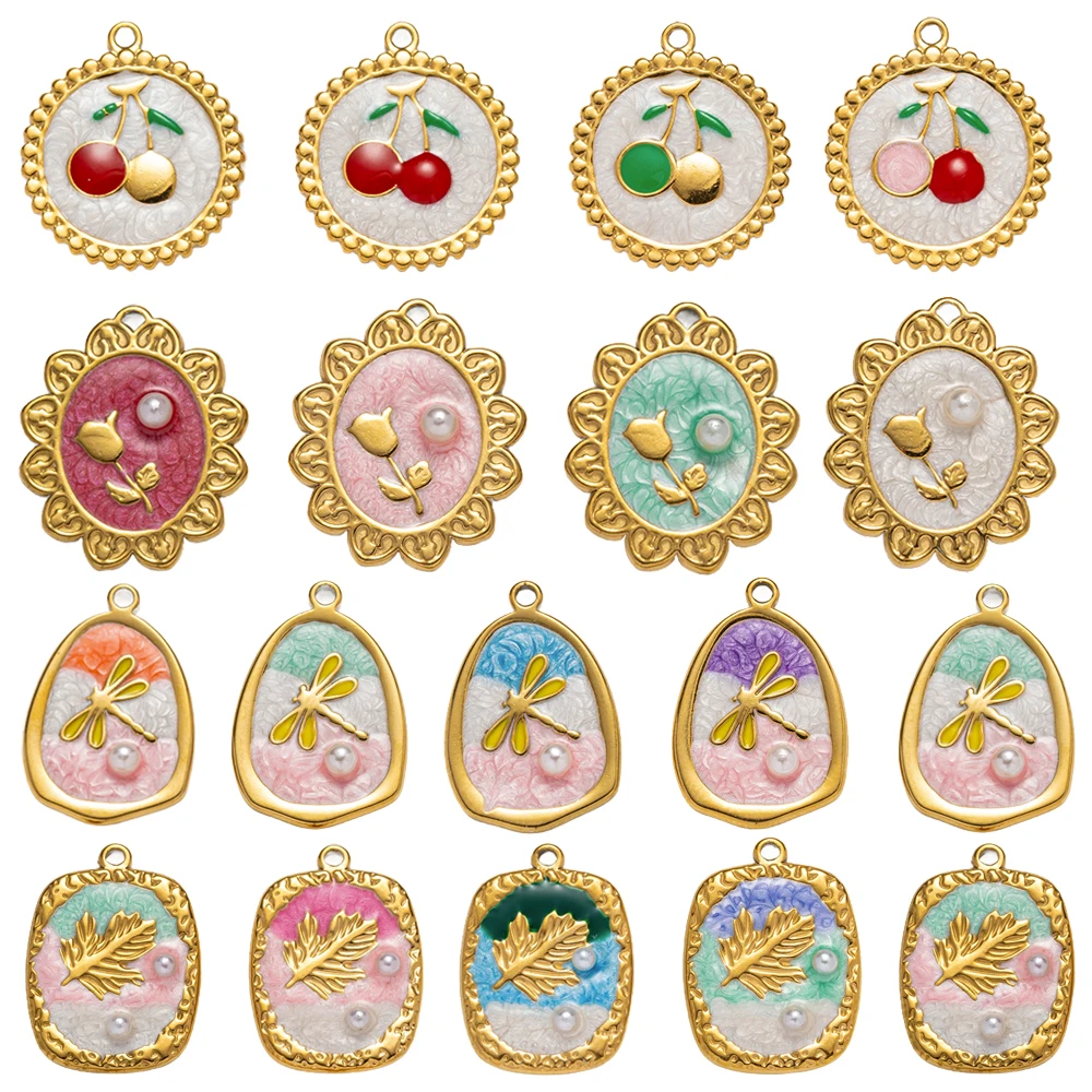 5pcs Stainless Steel Enamel Flower Pearl Bead Charms Earring Pendant for DIY Necklace Bracelet Jewelry Making and Crafting