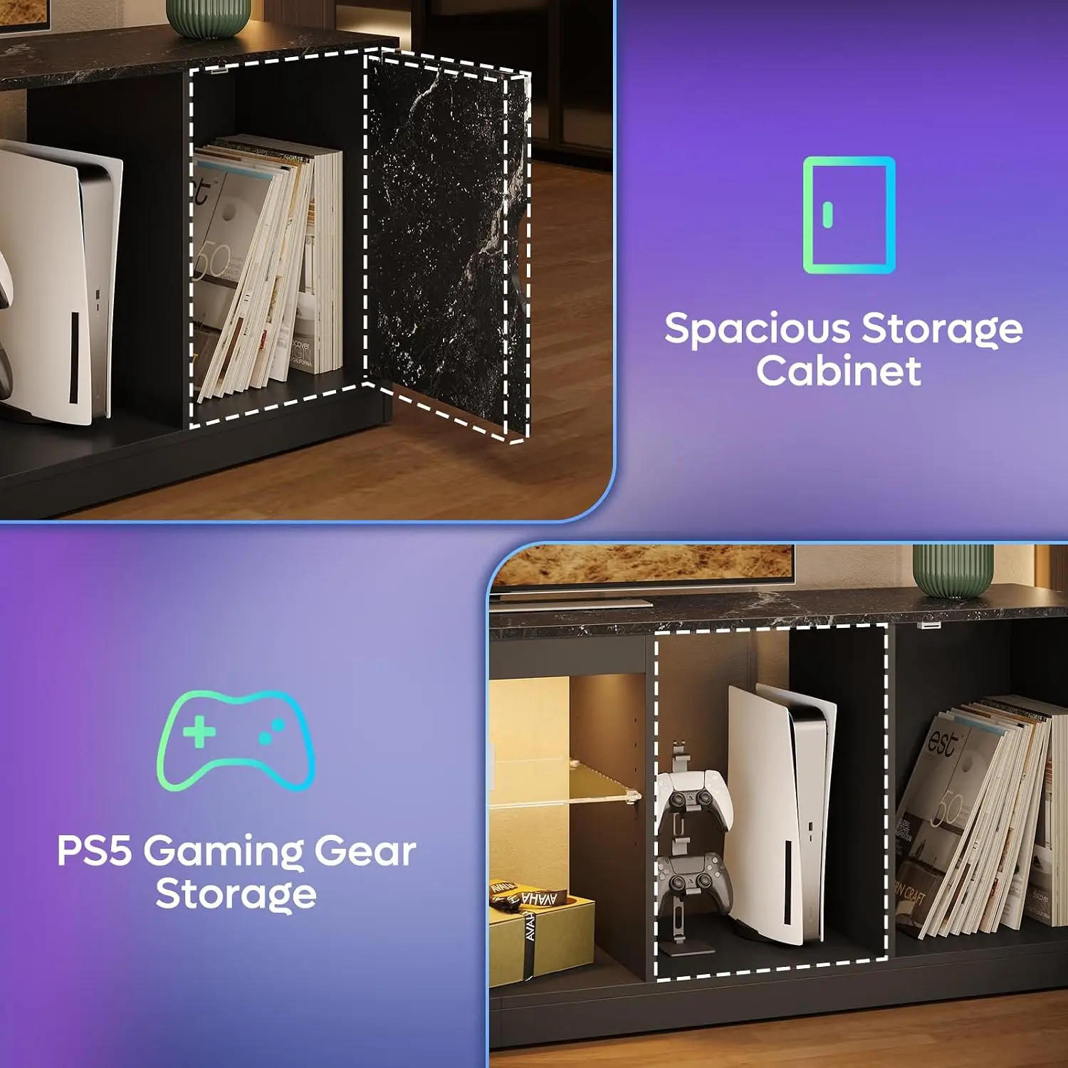 LED TV Stand Gaming Entertainment Center Glass Shelves Storage Cabinet for 65 75 Inch TV PS5 Xbox Living Room, Customized