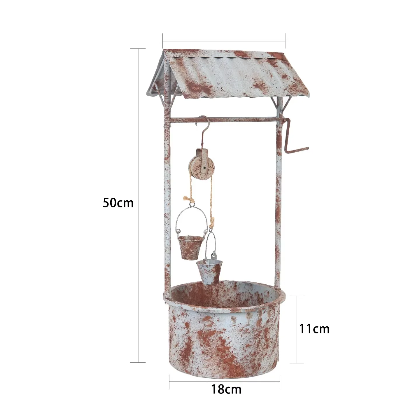 Rustic Metal Wishing Well Planter, Vintage Garden Flower Pot, Outdoor Hanging Bucket Decor, Distressed Iron, Patio Yard Ornament