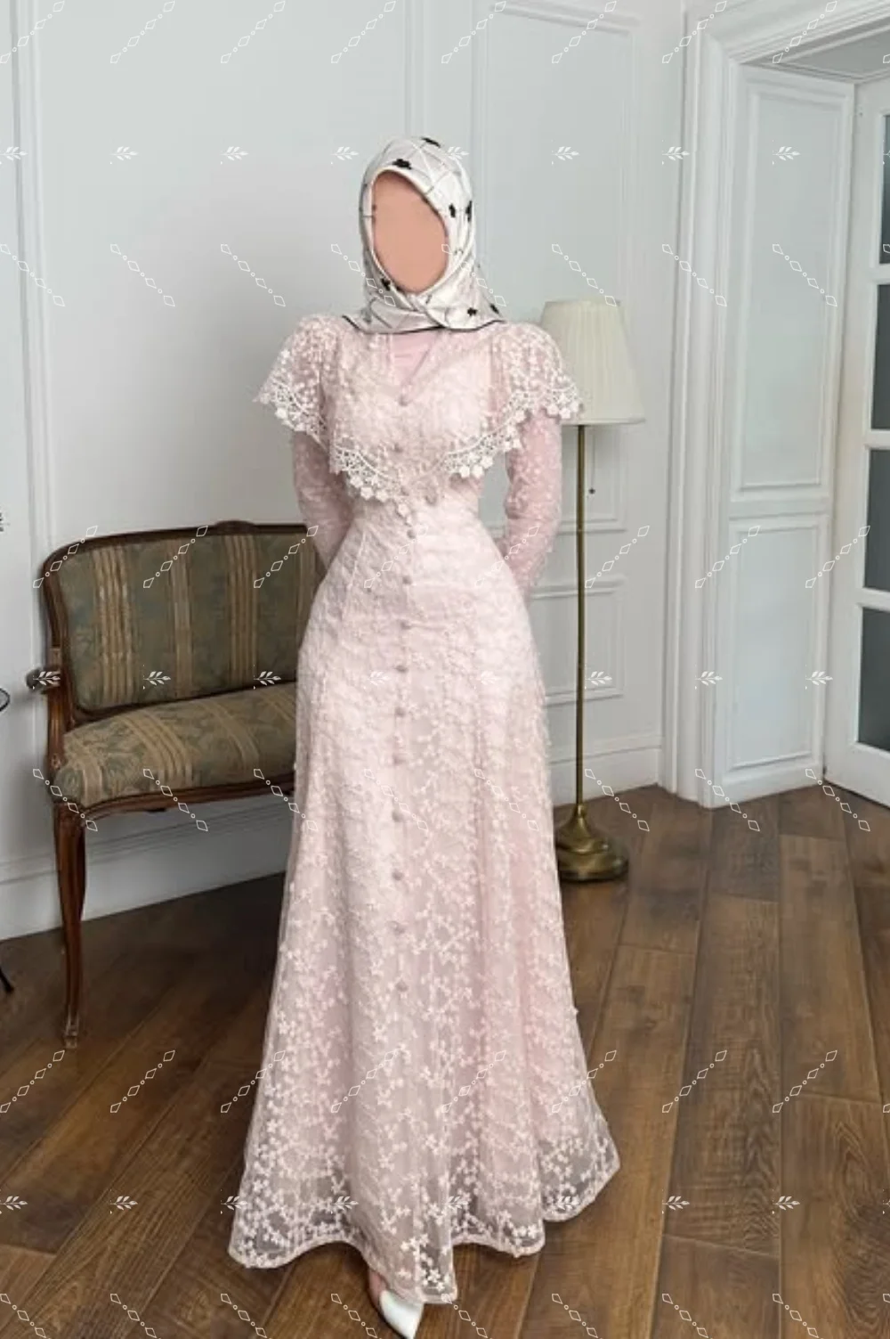 ZHIO Delicate Lace Evening Dress Button Full Sleeves Draped Pink Formal Occasion Prom Gowns Robe De Soirée Customized