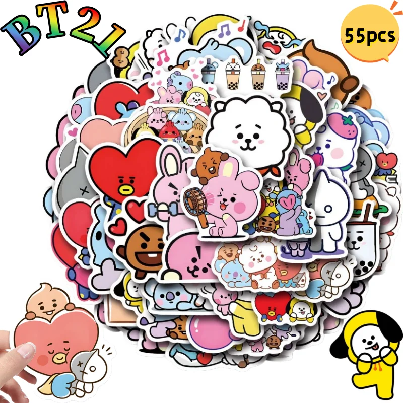 

Набор стикеров BT21 Chimmy Cooky Koya RJ Shooky Mang: 55 штук, яркие цвета, мультяшный дизайн, креативные наклейки для декора блокнотов
