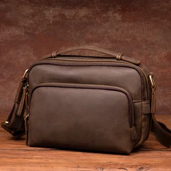 Crazy horse leather men's bag retro leather shoulder bag leisure messenger bag with leather cross section on the first layer