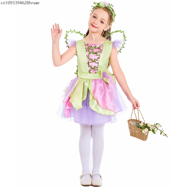 

Girls Pink Tinkerbell Ball Gown Fancy Dress Halloween Costume Springtime Fairy with Wings Child Costume