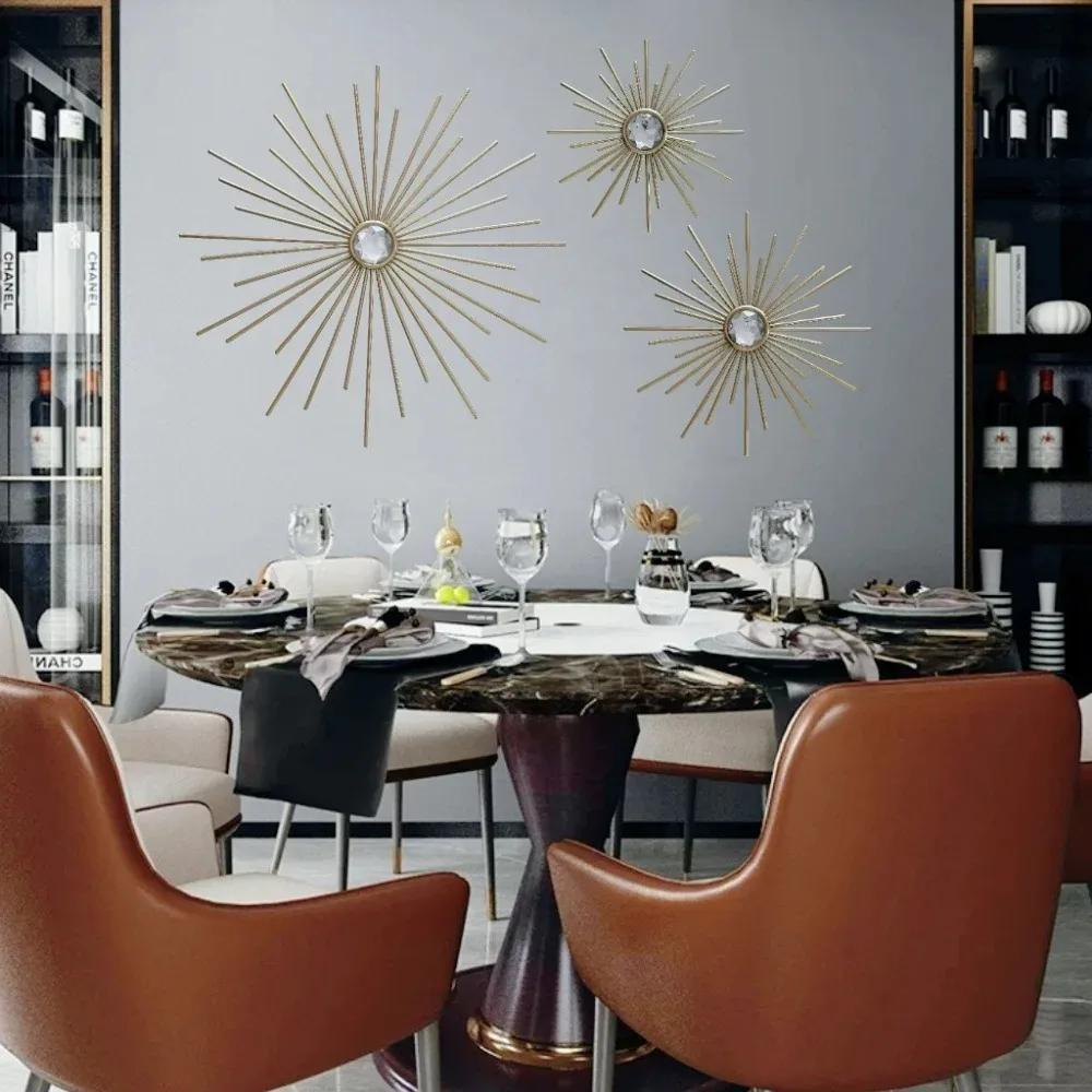 Luxury Gold Metal Radial Wall-mounted Set Withcrystal Center Sunburst Wall Art Living Room Dining Room Home Decoration Gift