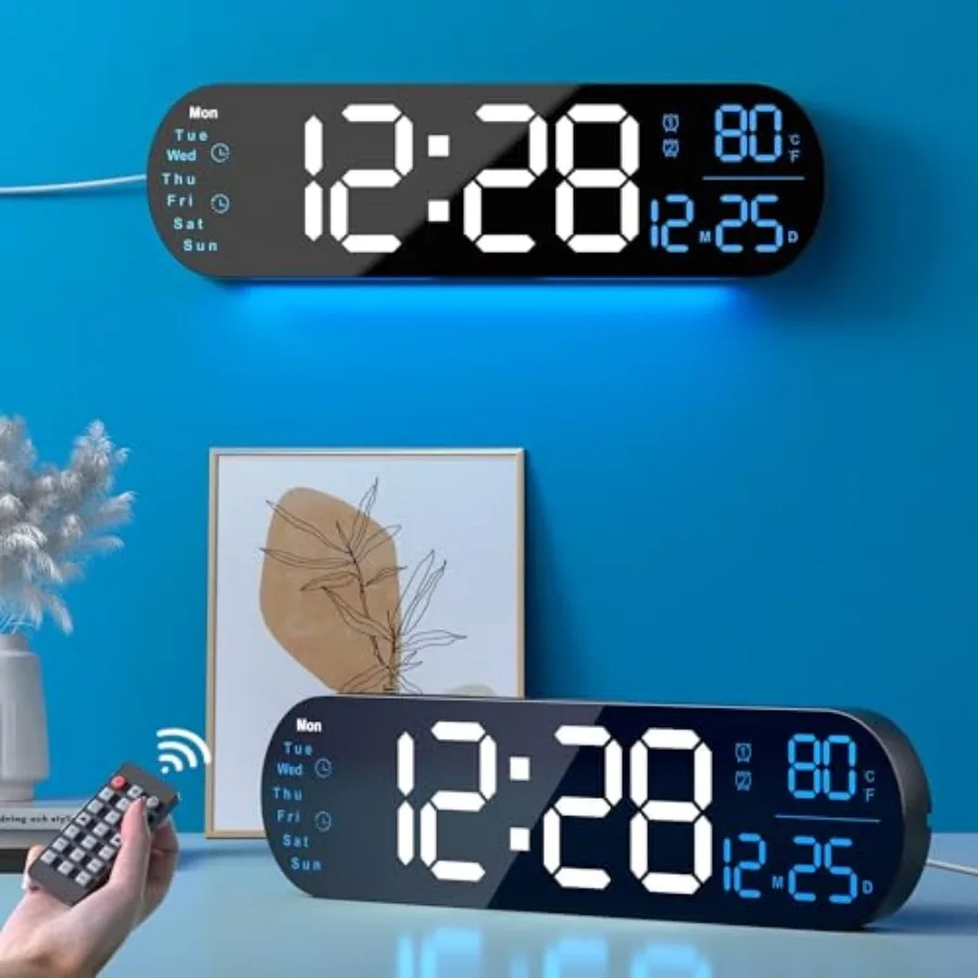 13.7 Inch Large Wall Clocks, Kitchen Wall Clock with Remote Control RGB Night light Automatic Brightness Dimmer Dual Alarm Date