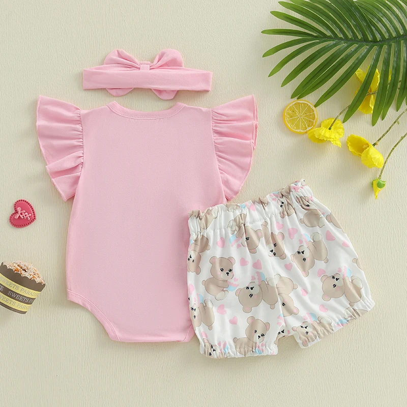 طقم شورت للفتيات الصغيرات بأكمام قصيرة على شكل دب/بقرة، شورت بخصر مطاطي مع ربطة شعر ملابس صيفية